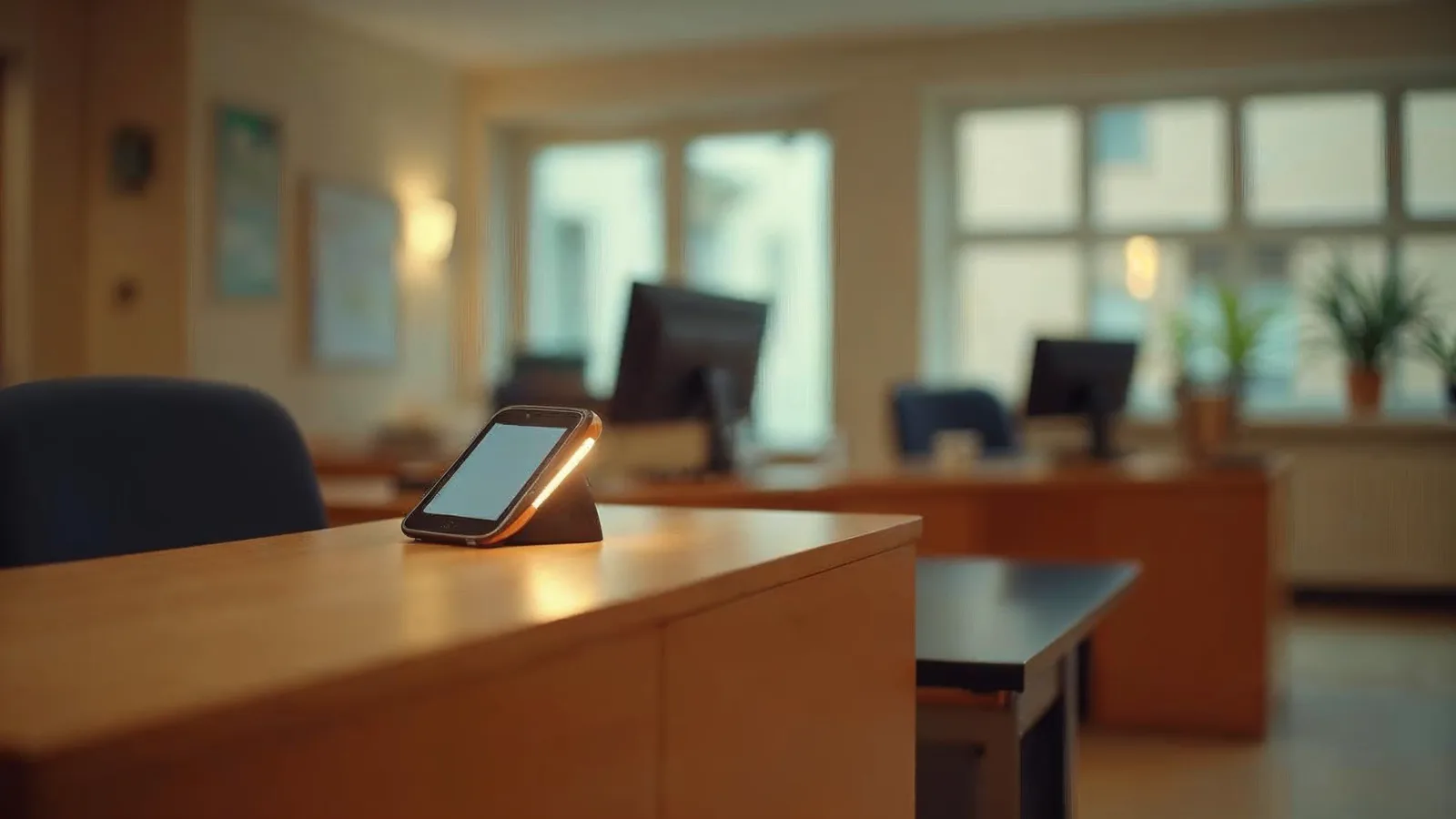 A phone lights up on an empty reception desk with nobody there to answer