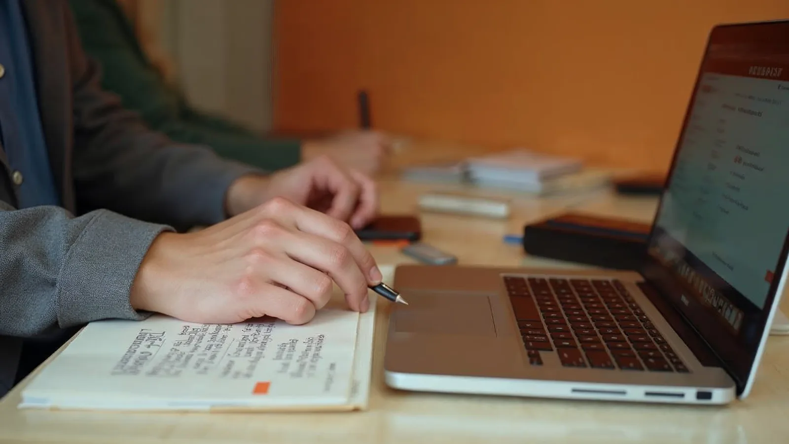 Two people at an agency desk with a notebook and an open laptop, going through client accounts