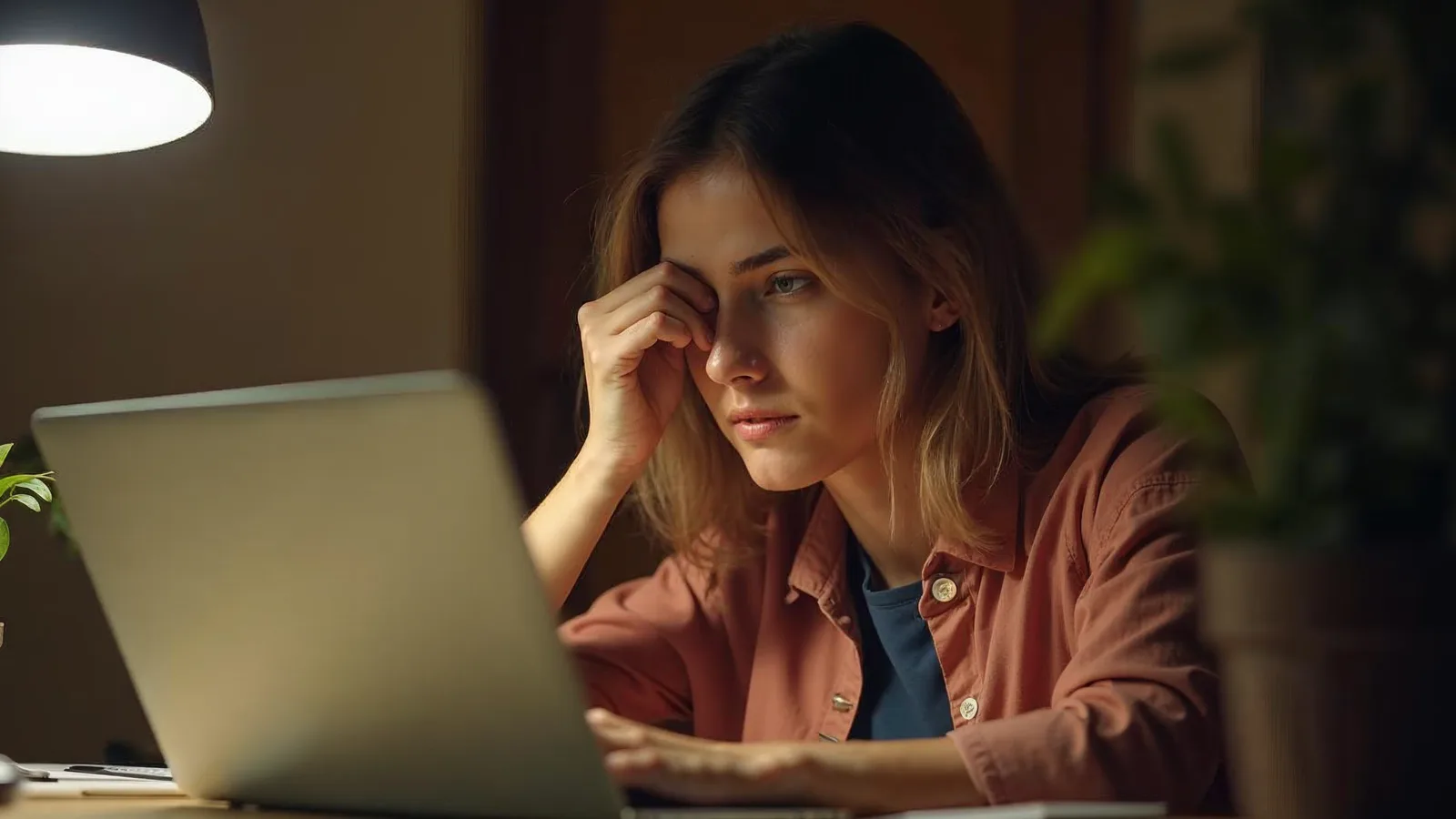 A small business owner rubs their eyes at a laptop late in the evening