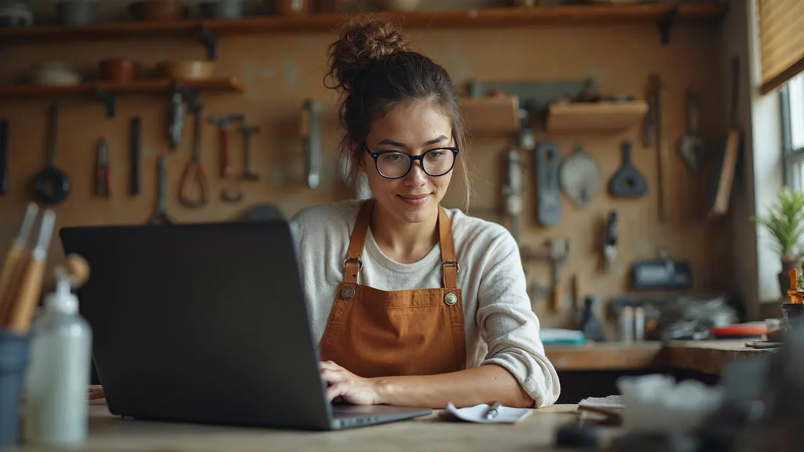 A small business owner uses a laptop on a workbench in a workshop