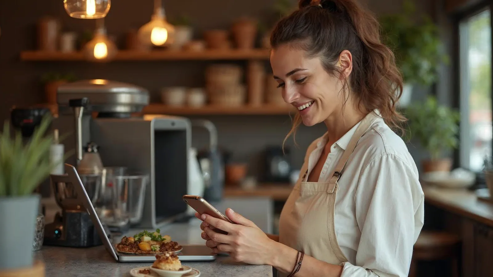 A food shop owner at her counter checks her phone beside a plated dish