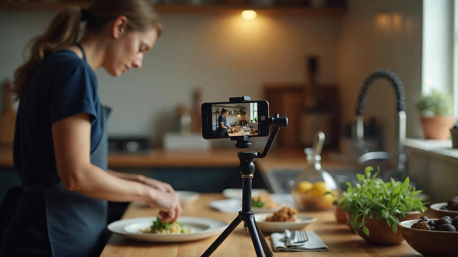 A phone on a small tripod films a cook plating food in a small kitchen