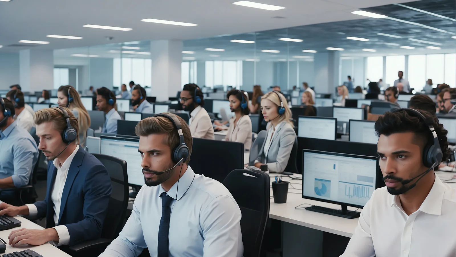 Rows of agents in headsets fill a large call center floor