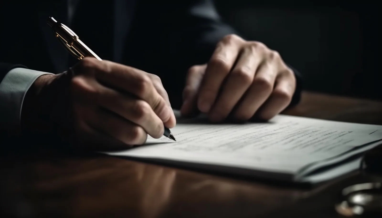 Close-up of a person reading a printed service contract with a pen in hand