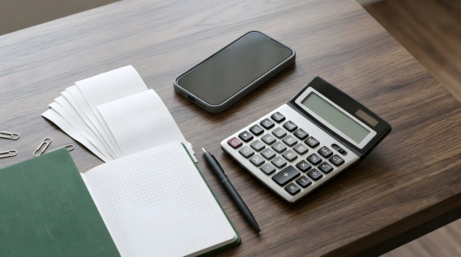 A calculator, a pen, a phone and a stack of paper receipts sit on an open notebook on a dark desk