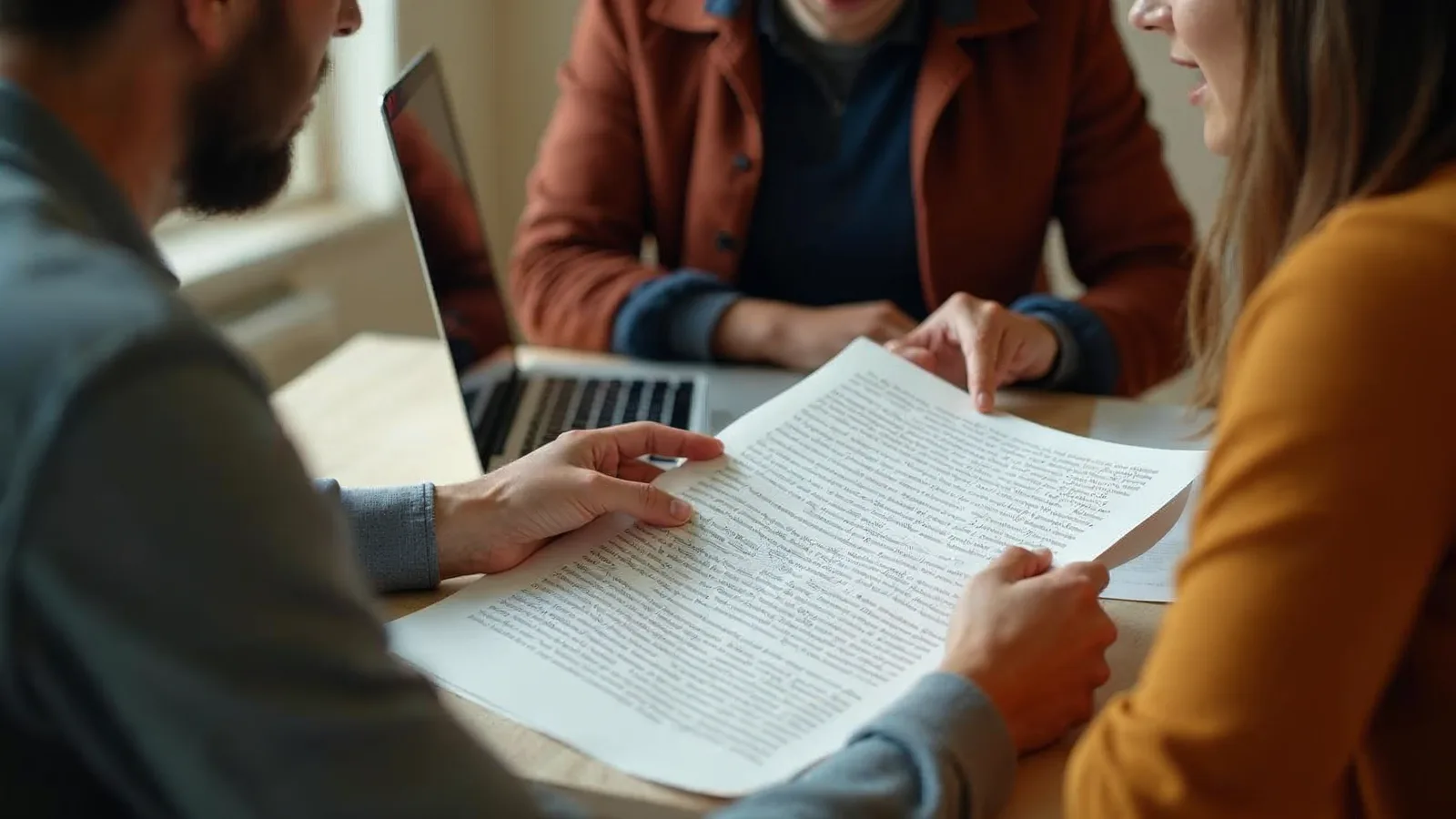 Two people at a small table comparing notes over printed pages and a laptop