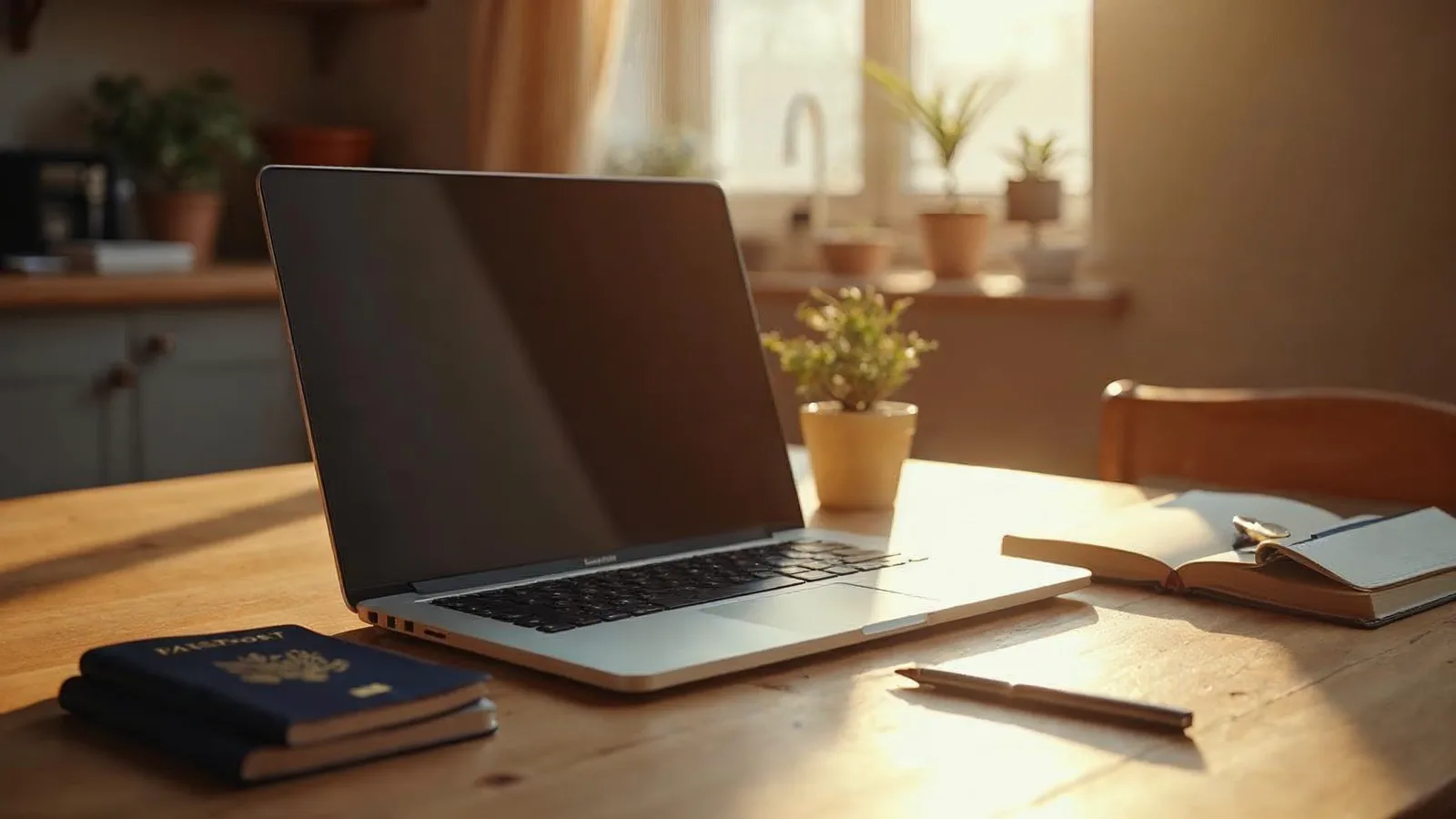 A laptop open on a kitchen table at dawn, a passport and a notebook beside it