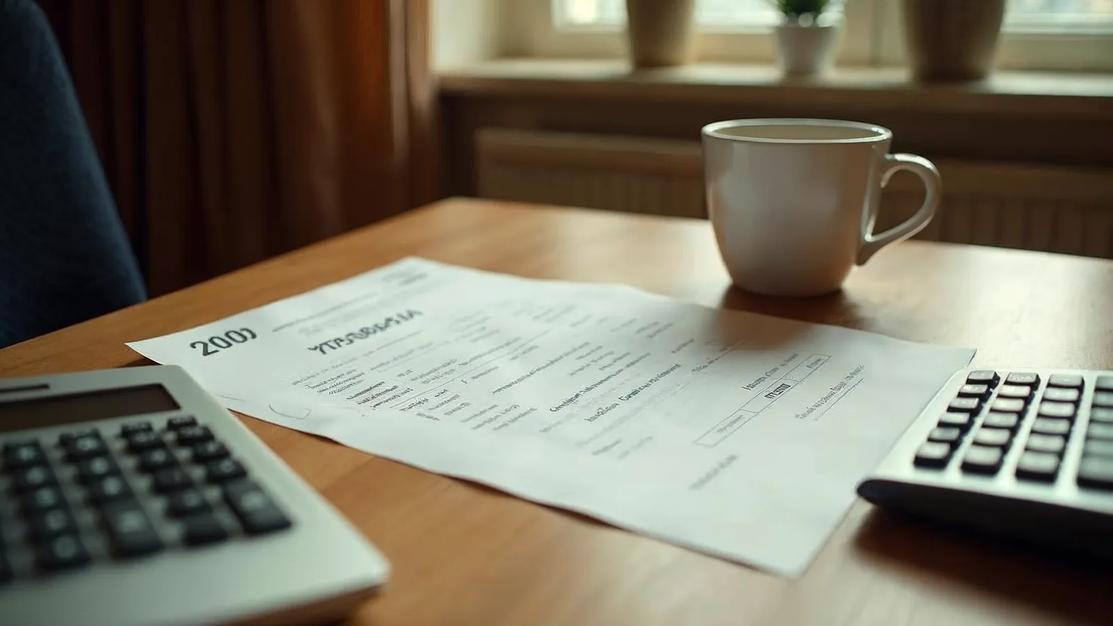 A desk with a payslip, a calculator and a mug, lit by a window