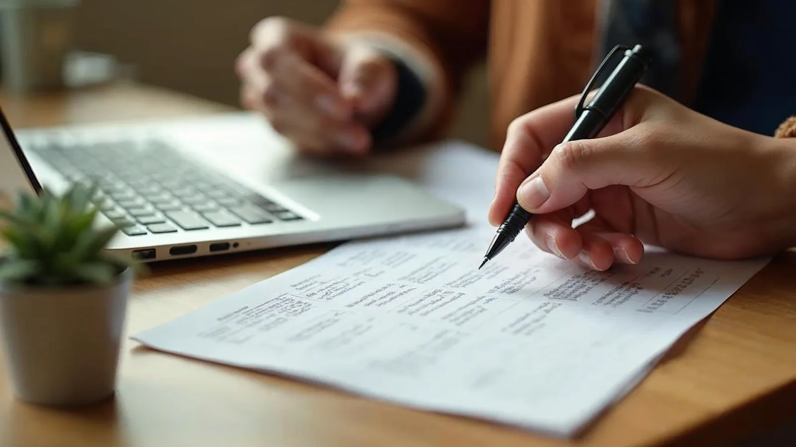 A printed price list and a pen on a desk beside a laptop in morning light